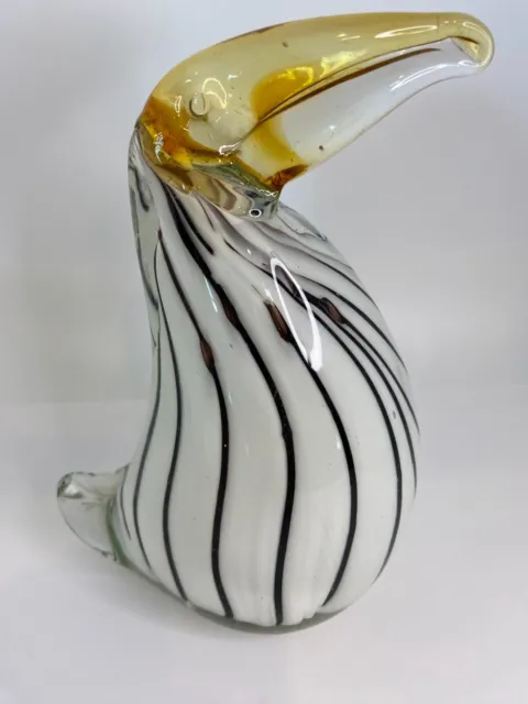 Toucan Bird Murano Style Art Glass Figurine Paperweight White Black Stripes 6"H
