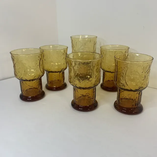 Vintage Libbey Country Garden Daisy Amber Drinking Glasses 6” And 5” Set Of 6