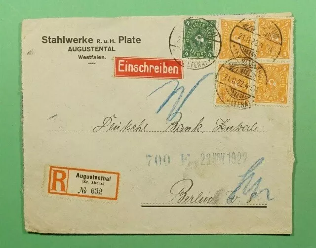 Germany 🇩🇪 Dt.Reich Registered Cover Augustenthal Berlin 1922 Deutsche Bank