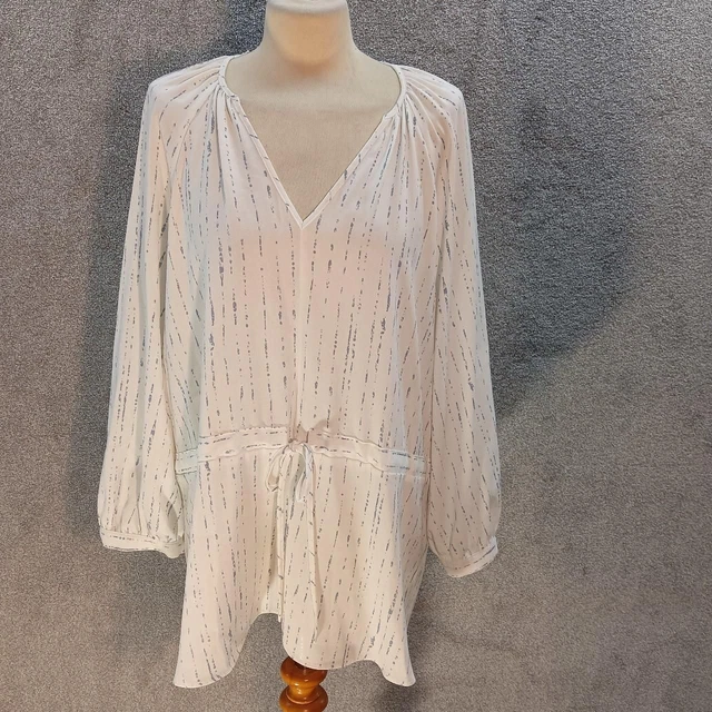 White Blue Striped Beach Sheer Top Blouse Drop Hem Tie Wasit Long Sleeve Uk 18