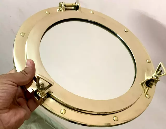 12" Brass Porthole Mirror - Nautical Maritime Wall Decor - Ship Cabin Window