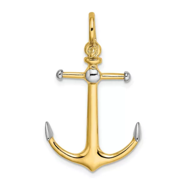 3D Anchor Long T Bar and Shackle Bail Charm In Real 14k Yellow Two Tone Gold