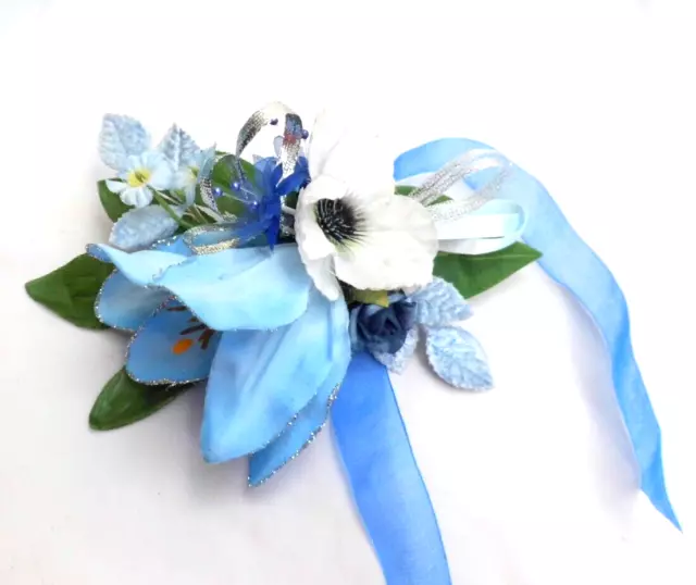Blue Lily/White Anemone/Silver Flower  Wrist Corsage  -  Prom, Wedding, Party