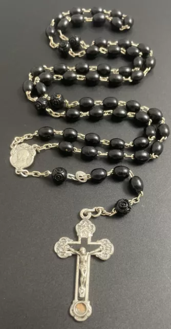 Rosario de madera de cacao negro patente católica vintage, crucifijo suelo catacumba Italia