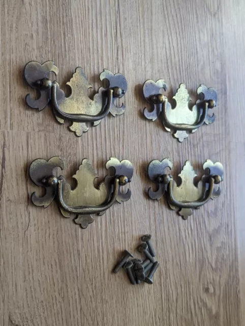 LOT OF 4 ANTIQUE BRASS Chippendale Bat Wing DRAWER PULLS 2.5" Center w/ Screws