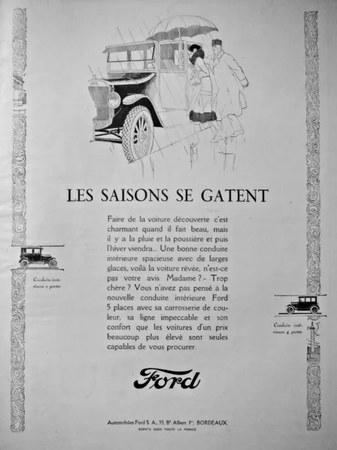 Publicité De Presse 1925 Automobiles Ford Conduite Intérieure 4 Portes