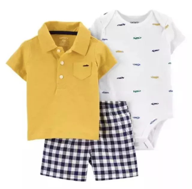 BNWT Carters Baby Boy 3-Piece Car Bodysuit Polo & Shorts Set Size 6 Months