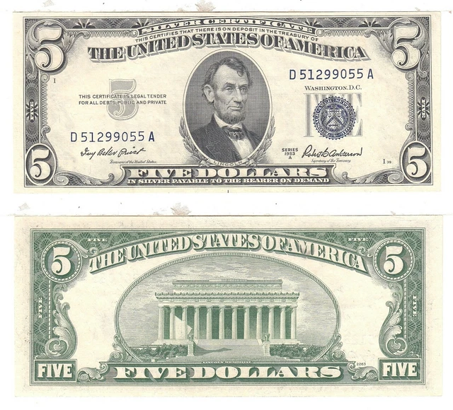 1953 A $5 Silver Certificate D-A Block Fr 1656 Uncirculated