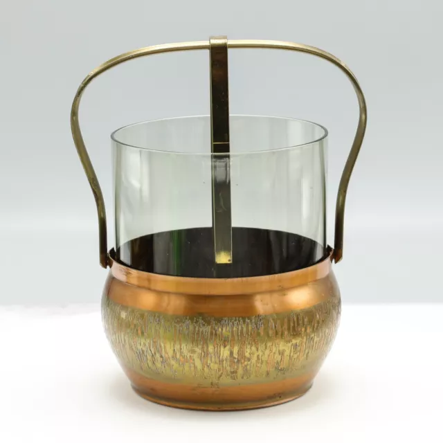 Vtg MCM Copper Smoked Glass Ice Bucket Etched Barware with Tongs