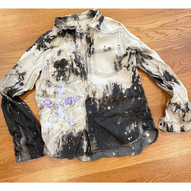 Womens Bleached Denim, Upcycled Clothing, button Up Top, Shirt boho gift sz. M