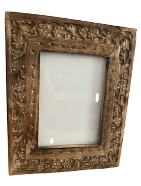 Rustic Boho Wood Carved Floral Design Picture Frame  - Holds 4.5”X6.5” Photo