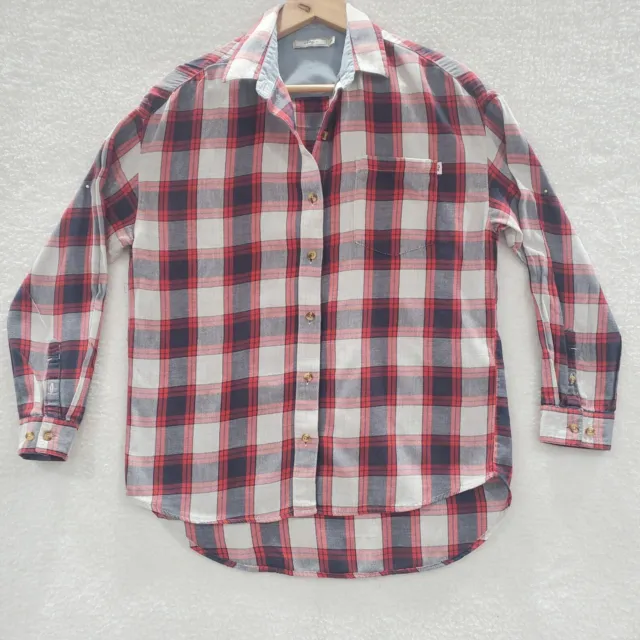 Obey Women's Navy Multi Red Grey Plaid Button Up Long Sleeve Shirt. Size Small