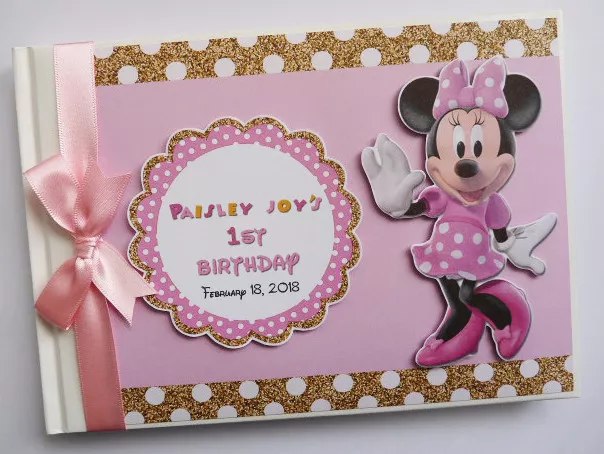 Personalised Disney Minnie Mouse birthday guest book, Pink and gold Minnie album