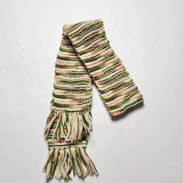 Kids Scarf Handmade Pink Green Yellow Fringe Winter Soft Open Knitted Muffler