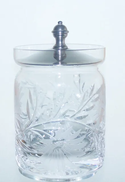 Vintage Lead Crystal FLORAL Cut Glass Lidded Jam Preserve Pot & Spoon  - 12cm