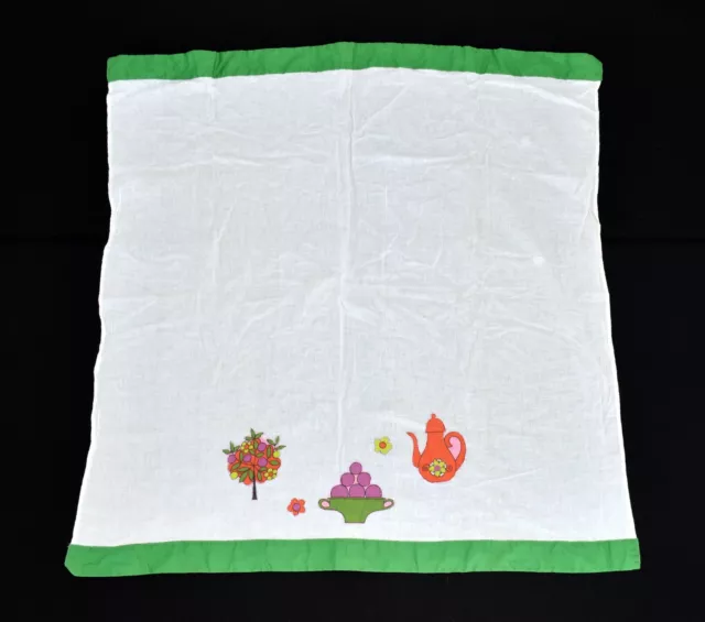 Vintage White Green Border w Multicolor Floral Appliques 35" Square Tablecloth