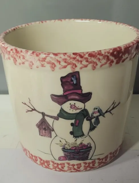 Roseville Cranberry Pink Spongeware Snowman Crock Vase Christmas 7" Holiday
