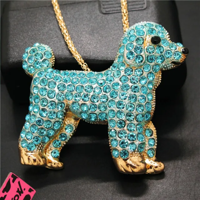 New Betsey Johnson Blue Rhinestone Cute Dog Puppy Crystal Pendant Chain Necklace