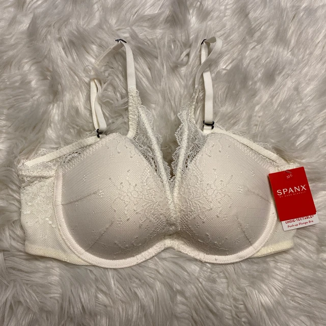 Spanx 32C Bra White Lace Undie-Tectable Push Up Plunge Underwire Back Close NWT