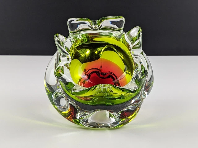 Chribska Green Orange and Clear Glass Bowl Ashtray, 1970's Czech Art Glass