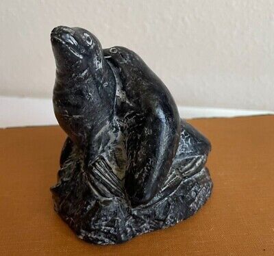 A Wolf Original Hand Carved Soapstone Seal Pair  Sculpture Figurine Canada