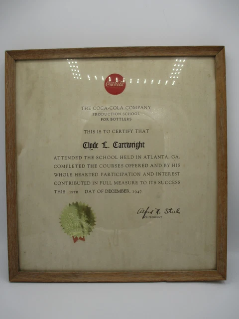 Coca-Cola Production School for Bottlers Certificate 1947 Vintage Atlanta GA
