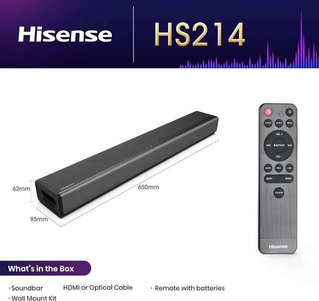 Barra De Sonido Hisense Hs214 Soundbar 108w Rms Bluetooth - HISENSE