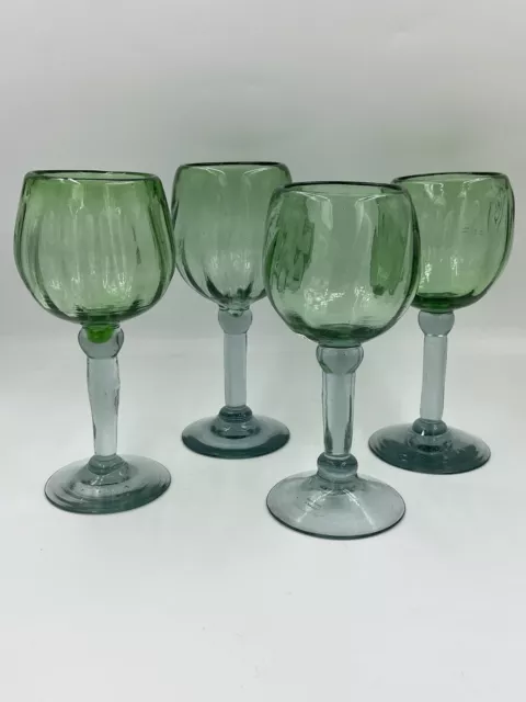 Green Mexican Recycled Hand Blown Glass Wine Goblet Pier 1 Imports 8” Tall (4)