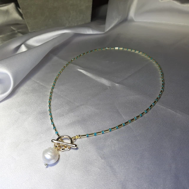 Collier Perles Corail Rouge Et Rocaille Bleue Turquoise - Création Main Miyuki - Plaqué Or Blanc - Neuf Avec étiquettes
