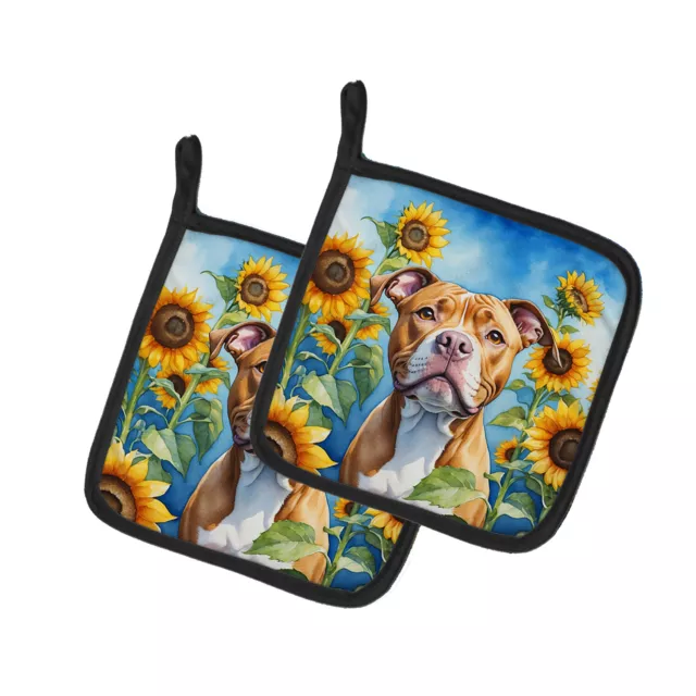 Pit Bull Terrier in Sunflowers Pair of Pot Holders DAC6133PTHD