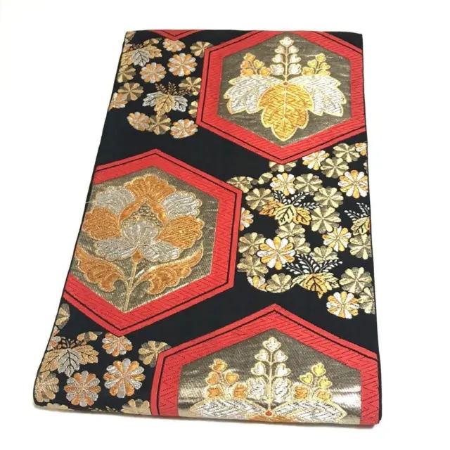 8620# Japanese Vintage Fukuro Obi Belt Kimono Pure Silk Black Flower