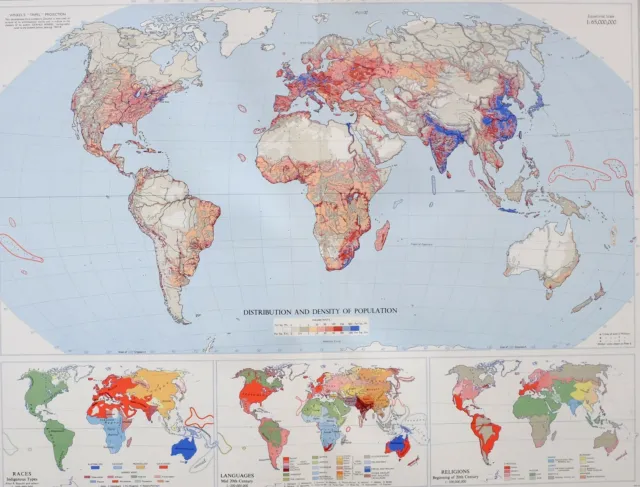 1958 Large Map World Mankind Distribution Density Population Religions Languages