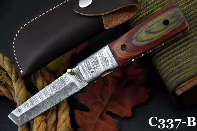7.5" OAL Custom Hand Forged Damascus Steel Tanto Folding Knife Handmade (C337-B)