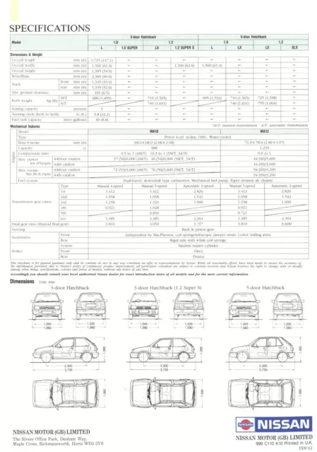 1992 Nissan Micra Prospectus 2/92 GB Brochure 8 Pages Prospectus Brosjyre Car 2