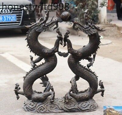 Huge Old Chinese Pure Bronze Fengshui auspicious 2 Long Dragon Play bead statue