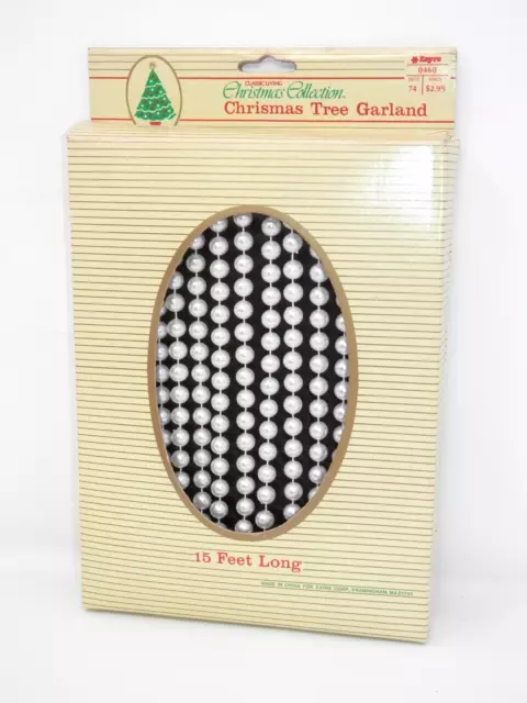 Vintage Faux Pearl Garland • 15 ft Strand White Plastic Bead Christmas Tree NOS