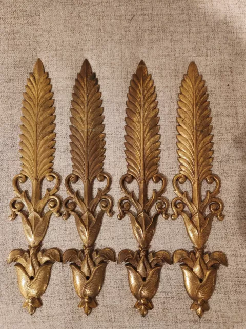 Set Of 4 Solid Brass India Leaf Sheaf Feather Wall Medallion Accent Pieces 3x16"