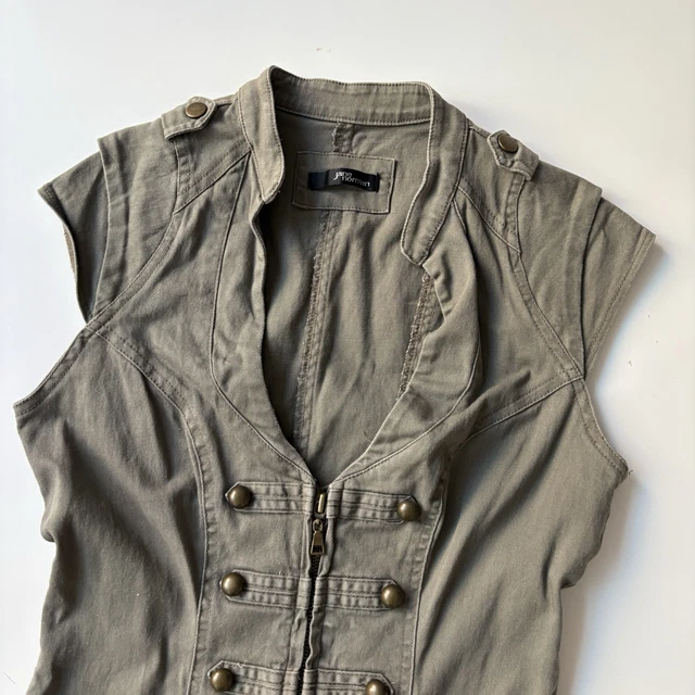JANE NORMAN KHAKI Cotton Blend Belted Zip Military Mini Dress Pockets V ...