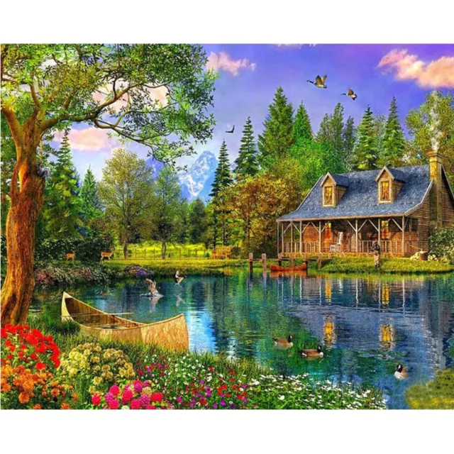 Kit pittura per numeri fai da te cottage sul lago tela olio arte immagine arredamento casa