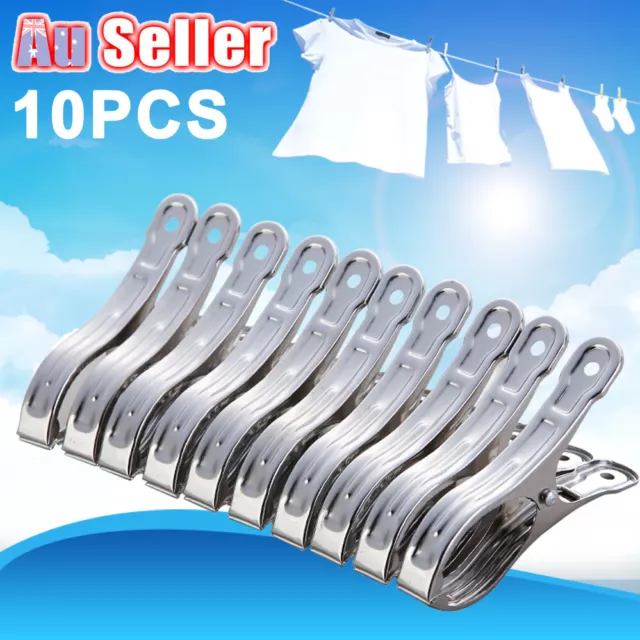 10pcs Stainless Steel Clothes Pegs Hanging Clip Pins Windproof Clamp Laundry AU