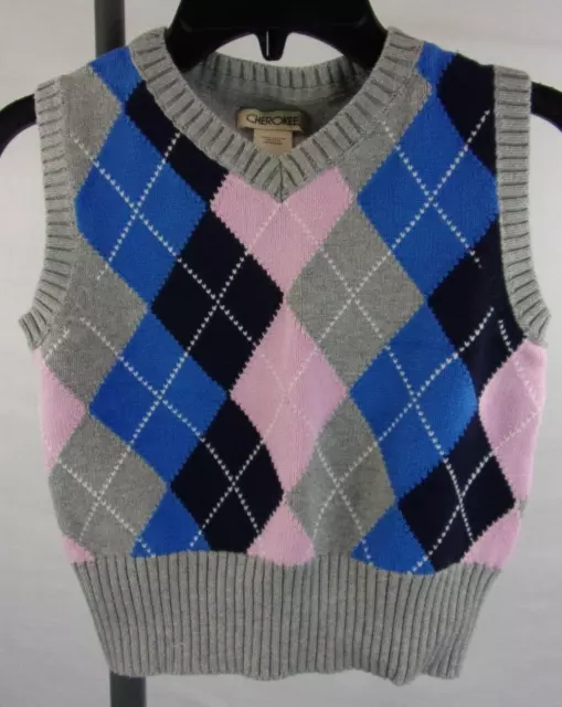 Cherokee Toddler Boy's Gray Blues Pink White Knit/Sweater Vest, Size XS