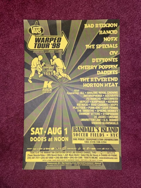 Warped Tour 1998 Official Poster Deftones Kid Rock Bad Religion NOFX Rancid CIV