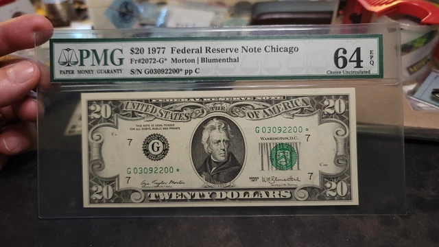 Fr.2072-G $20 1977 Chicago STAR Federal Reserve Note PMG Choice UNC. 64 EPQ
