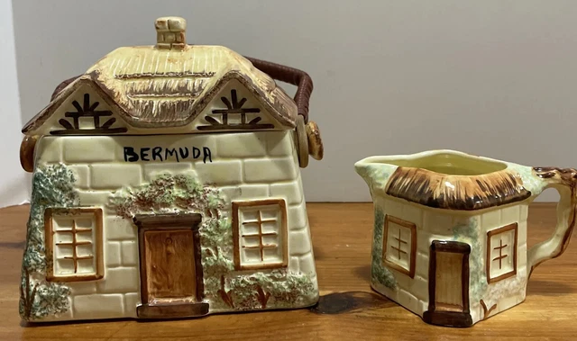 Keele Street Pottery Bermuda Thatched Cottage Biscuit Jar & Creamer Vintage