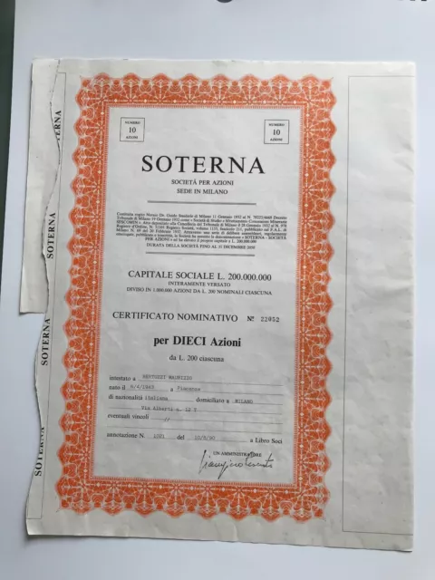 certificato azionario SOTERNA - MILANO