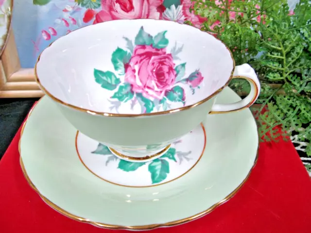 Delphine Tea cup and saucer pastel green Pink rose teacup England 1930s