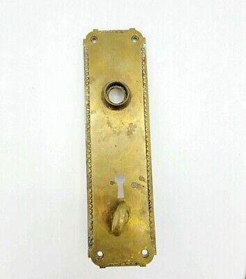 Antique MEDFORD Brass Doorknob Back Plate Thumb Lock 8" x 2 1/4" Skeleton Key