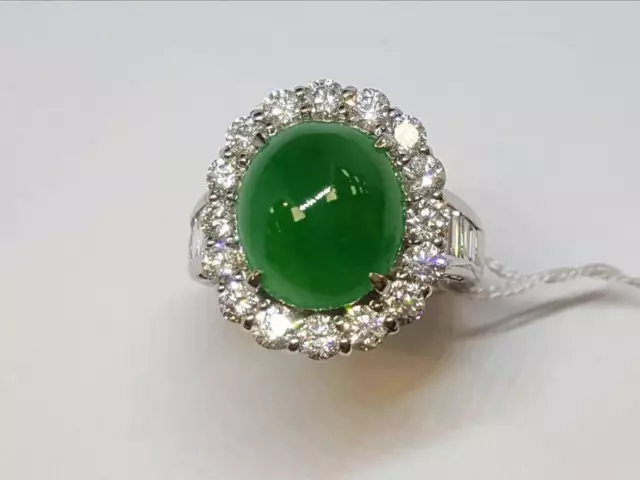 Burma Imperial Green 7.24CT Jadeite Jade & Shiny White 2.05CT White Zircon Ring