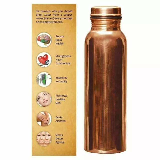 Botella de agua de cobre liso 100% puro hecha a mano Ayurveda Yoga Health...