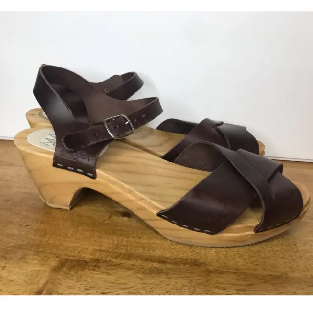 Maguba of Sweden Brown Leather Wooden Platform Ankle Strap Sandals Size 39 US 9